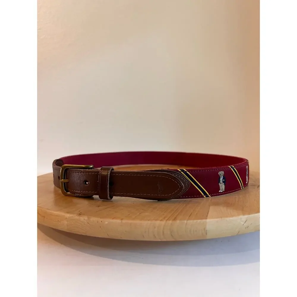 Polo Ralph Lauren Leather Maroon Sweater Bear Ribbon Belt Unisex Size 34 / Large